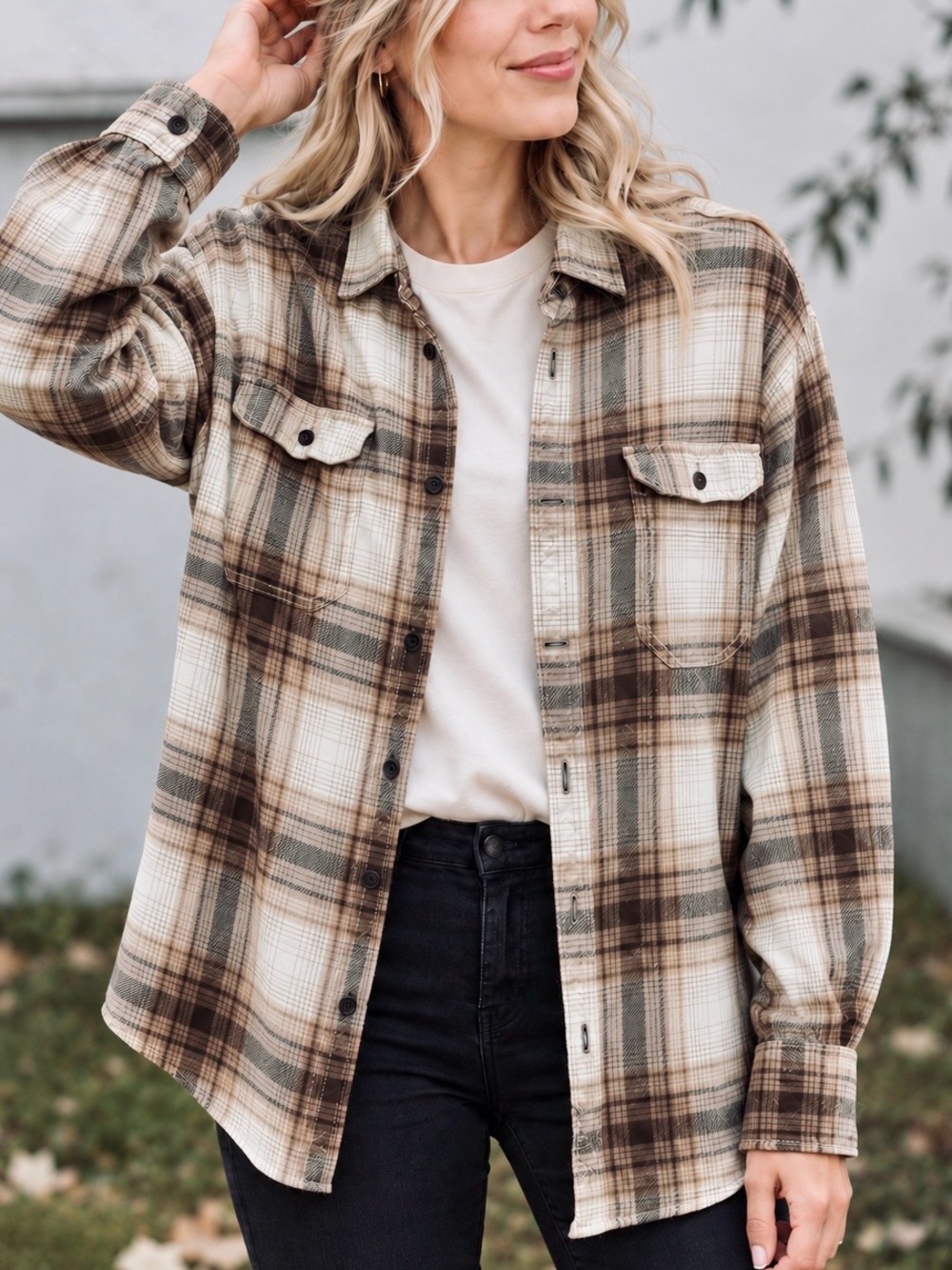 George Cream Brown Plaid Flannel Shirt Oversized Button Down Large